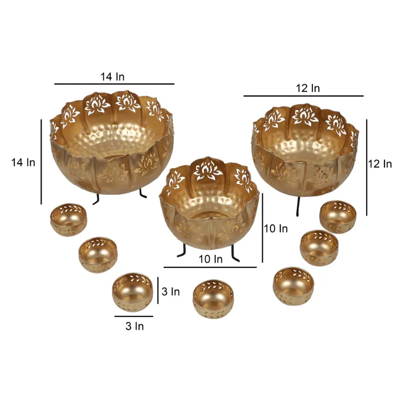 Iron Lotus Urli/Pot -Floating Flower/Candle Festive/Diwali/Wedding Decor Set of 13 Pieces: 14/12/10 with Stand,7 Votives/Bowl of 3.5 inch Festival/Wedding/Christmas Decoration, Golden
