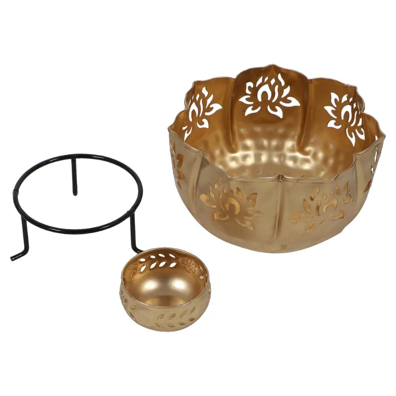 Iron Lotus Urli/Pot -Floating Flower/Candle Festive/Diwali/Wedding Decor Set of 13 Pieces: 14/12/10 with Stand,7 Votives/Bowl of 3.5 inch Festival/Wedding/Christmas Decoration, Golden