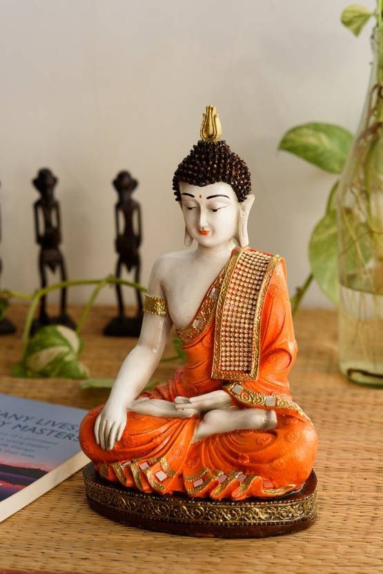 Christmas GIFT Lord buddha Fengshui Handcrafted Meditating Polyresin Buddha idol/Buddha Statue Yoga Room-27 cm(Orange) Indian-Home decor