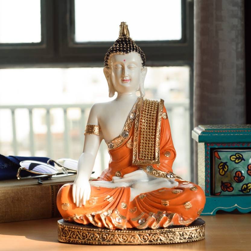 Christmas GIFT Lord buddha Fengshui Handcrafted Meditating Polyresin Buddha idol/Buddha Statue Yoga Room-27 cm(Orange) Indian-Home decor