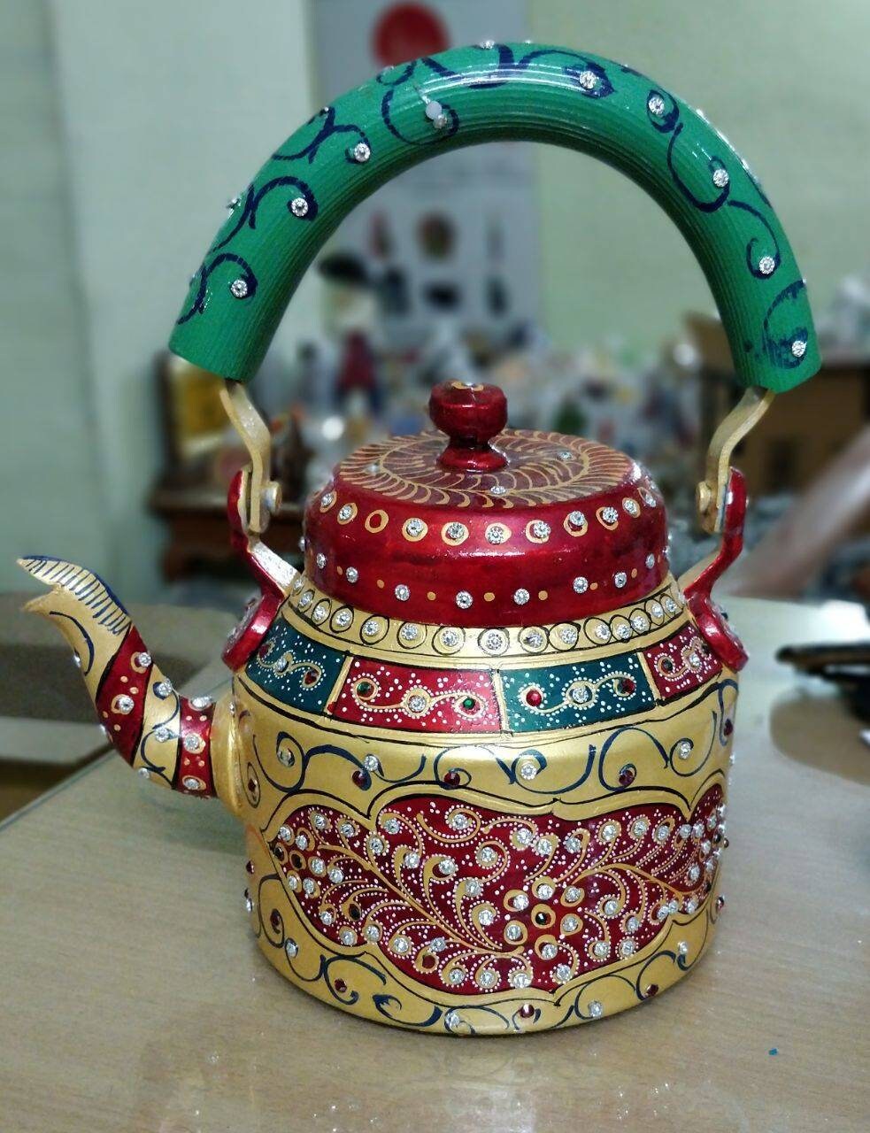 Indian Handmade Decorative tea pot boho Hand-Painted Multicolor Tea Kettle coffee pot tea maker kitchen dining home decor housewarming gift