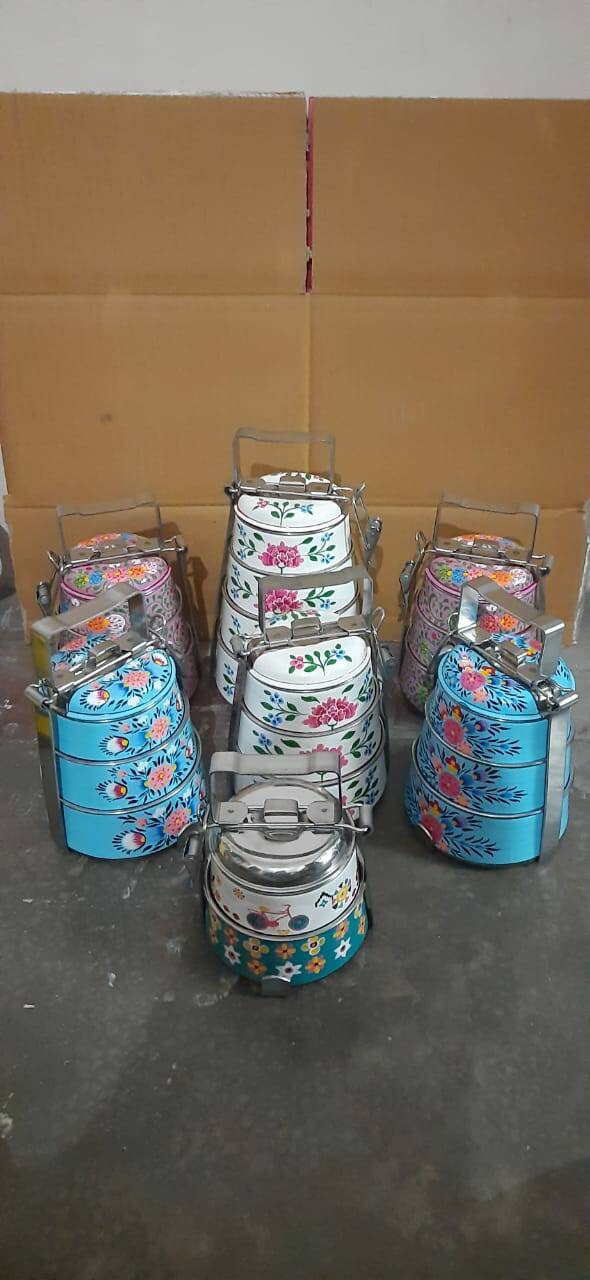 Handmade designer lunch box Hand-Painted tiffin box 3 tier home decor housewarming gift Enamelware stainless steel tiffin