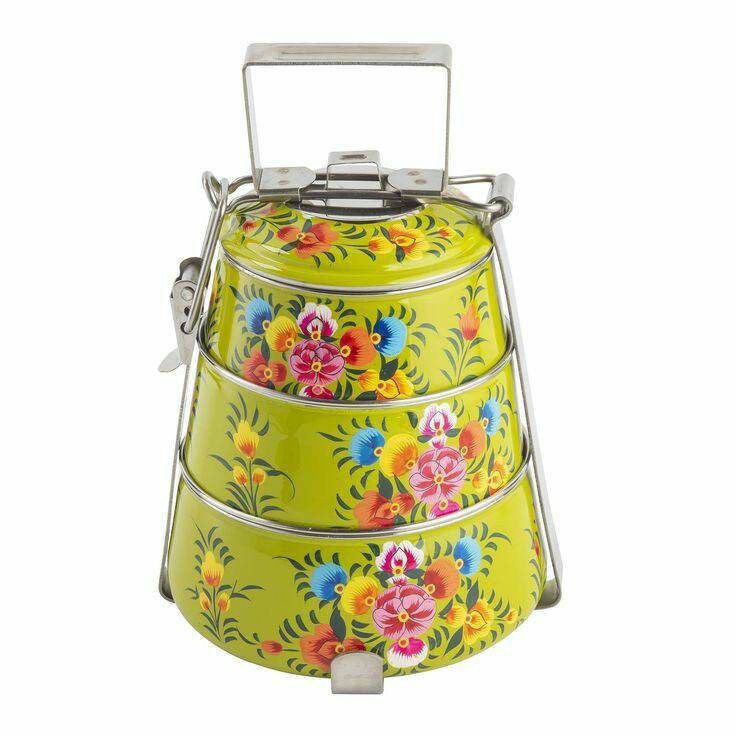 Handmade designer lunch box Hand-Painted tiffin box 3 tier home decor housewarming gift Enamelware stainless steel tiffin