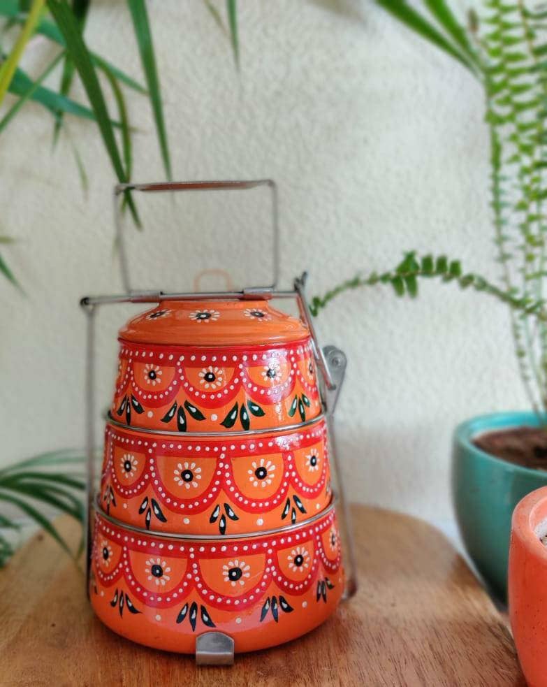 Handmade designer lunch box Hand-Painted tiffin box 3 tier home decor housewarming gift Enamelware stainless steel tiffin