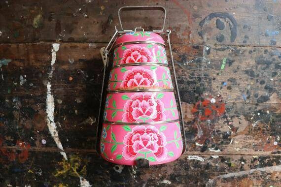 Handmade designer lunch box Hand-Painted tiffin box 3 tier home decor housewarming gift Enamelware stainless steel tiffin