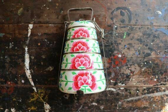 Handmade designer lunch box Hand-Painted tiffin box 3 tier home decor housewarming gift Enamelware stainless steel tiffin