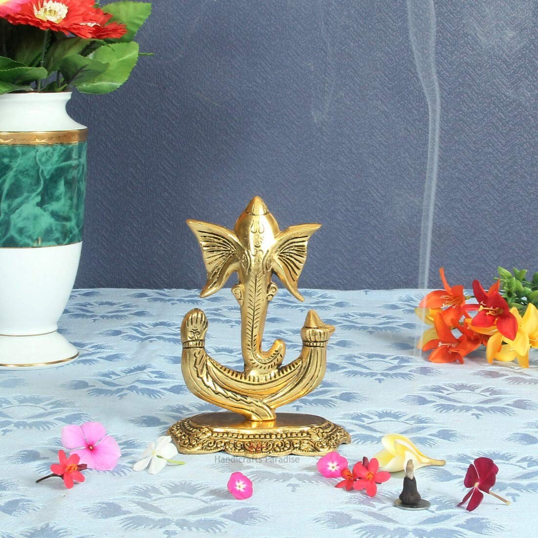Lord Ganesha Metal Antique Gold Plated Ganesha Showpiece (5.25 x 3 x 7.25 inch, Golden)