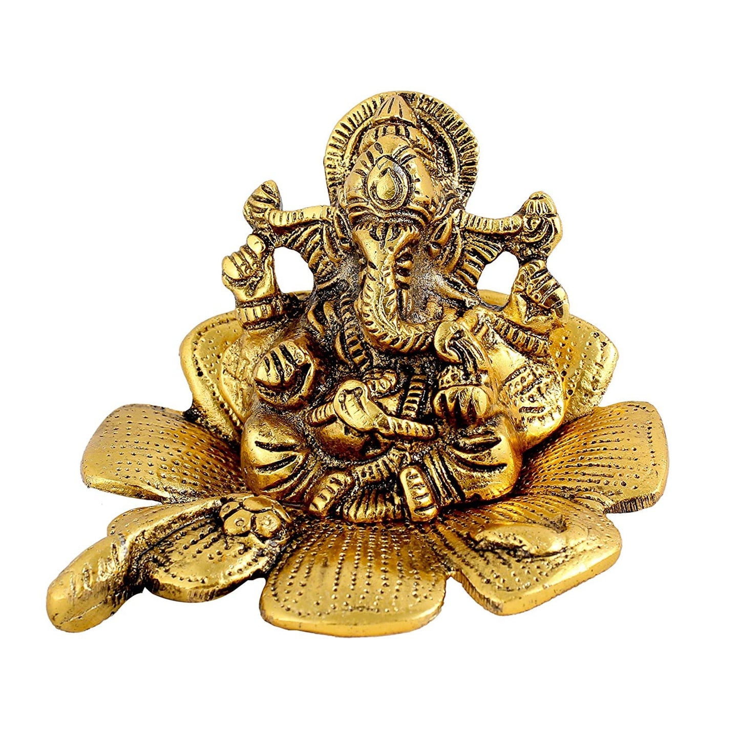 Lord Ganesha Ganesha on Flower in Metal Antique Gold Plated
