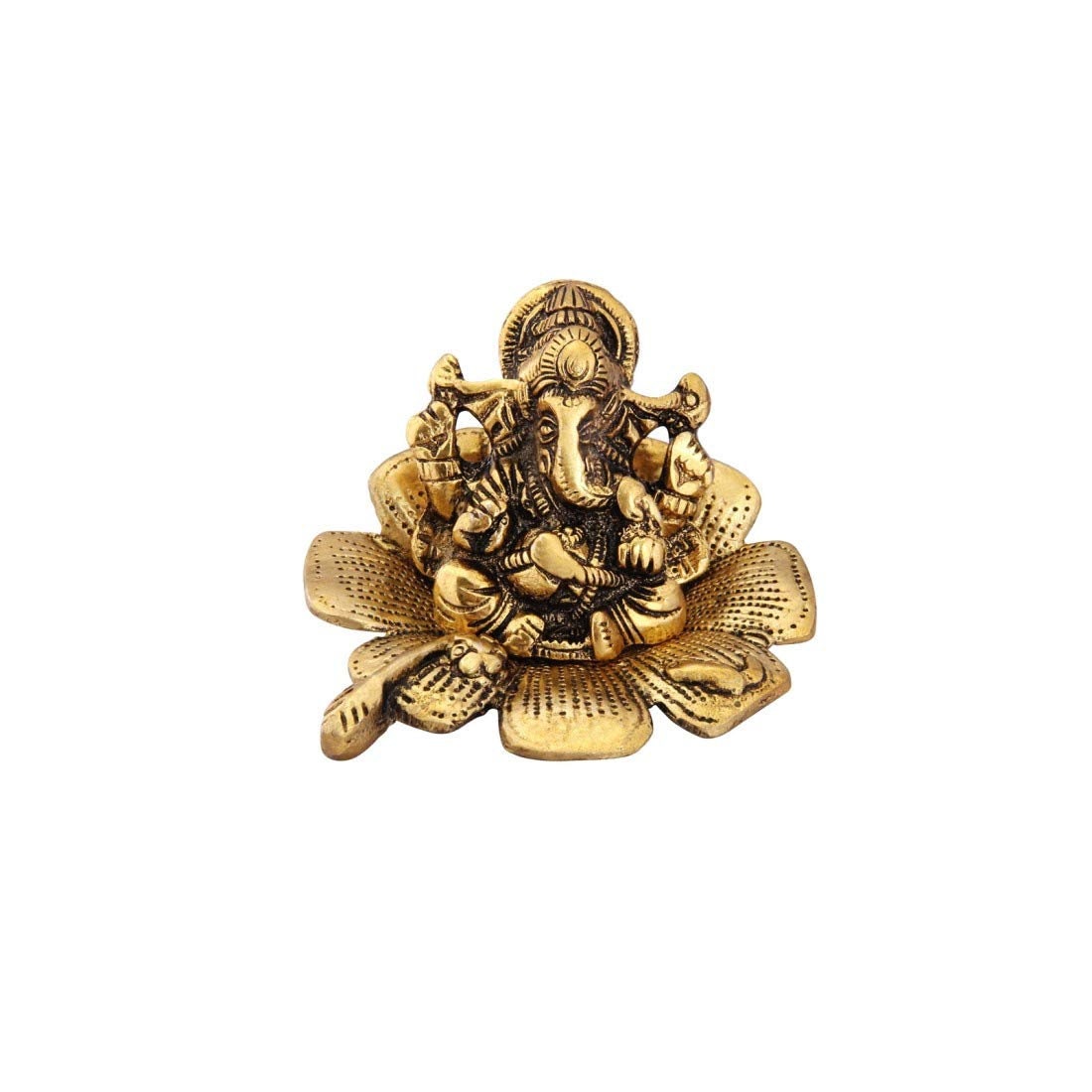 Lord Ganesha Ganesha on Flower in Metal Antique Gold Plated