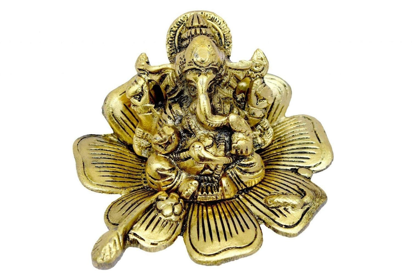 Lord Ganesha Ganesha on Flower in Metal Antique Gold Plated