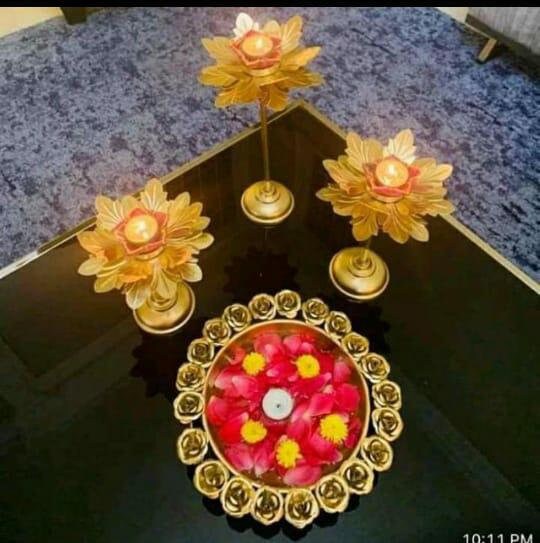 rose urli and candle stand combo for Floating Flower/Candle Festive Decor Set of 4 piece Size Candle stand-12 14 10 Size urli- 12 inch