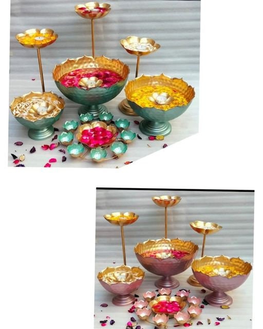 Iron Taj urli set with bowl/Urli Bowl |Candle Holder| Votive| RANGOLI| Lotus urli Bowl| Event/wedding/Diwali/Christmas decoration -10 pc set