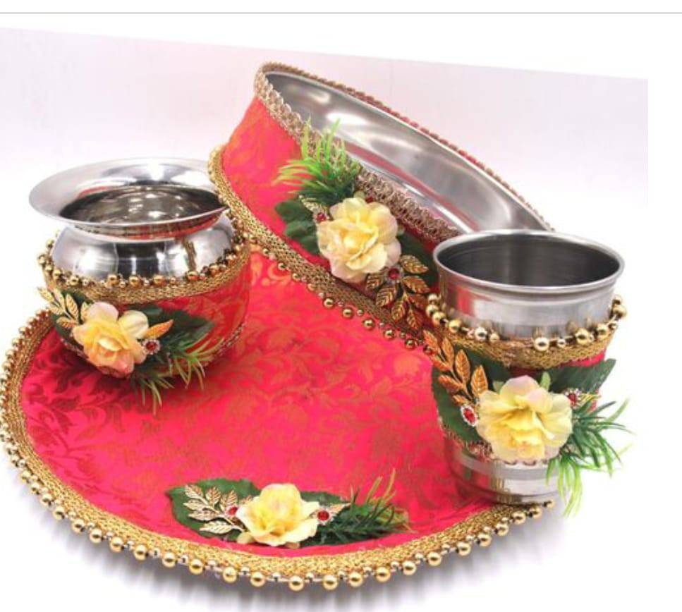 Karwa chauth thali set thali, Tumbler, bowl, Stainer, plate for Pooja/wedding/haldi / mehendi ceremony