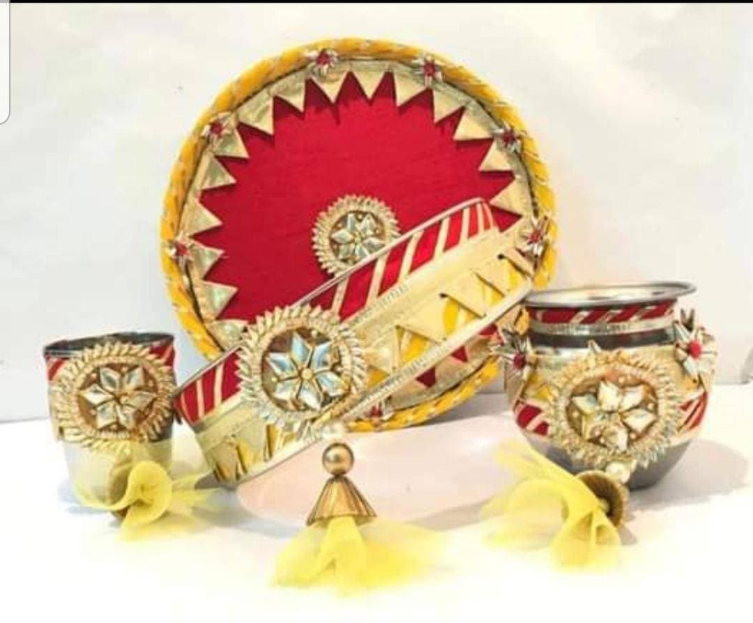 Karwa chauth thali set thali, tumbler, bowl, chalni ,Stainer, plate for Pooja/wedding/haldi / mehendi ceremony