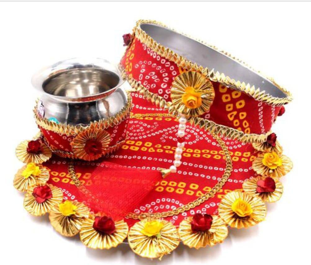 Karwa chauth thali set thali, Tumbler, bowl, Stainer, plate for Pooja/wedding/haldi / mehendi ceremony