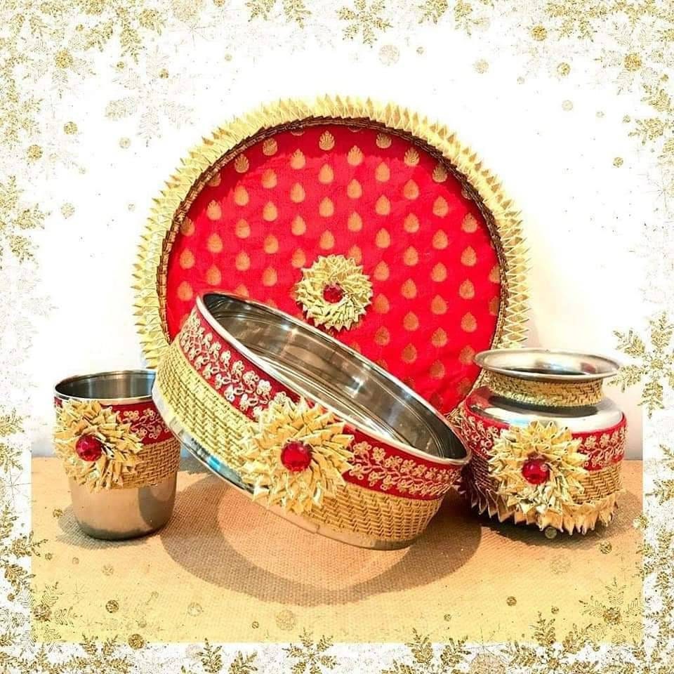 Karwa chauth thali set thali, Tumbler, bowl, Stainer, plate for Pooja/wedding/haldi / mehendi ceremony