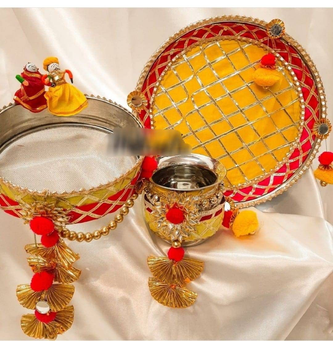 Karwa chauth thali set thali, Tumbler, bowl, Stainer, plate for Pooja/wedding/haldi / mehendi ceremony