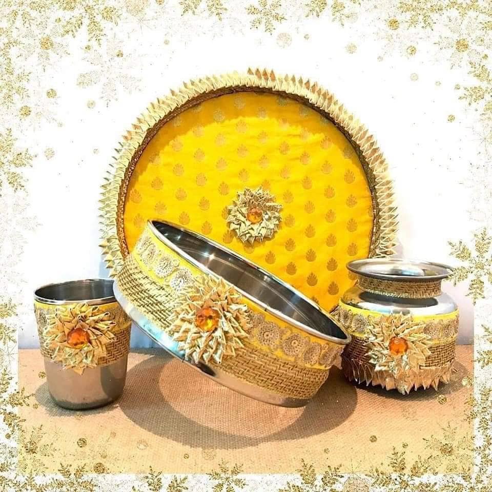 Karwa chauth thali set thali, tumbler, bowl, chalni ,Stainer, plate for Pooja/wedding/haldi / mehendi ceremony