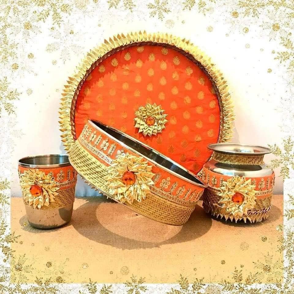 Karwa chauth thali set thali, tumbler, bowl, chalni ,Stainer, plate for Pooja/wedding/haldi / mehendi ceremony
