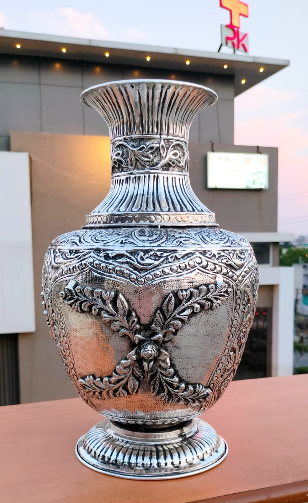 German Silver Hand Engraved Radha Krishna flower pot Hindu Diety Worship, Temple Decor, Antique Oxidized Silver vase Spiritual Gift