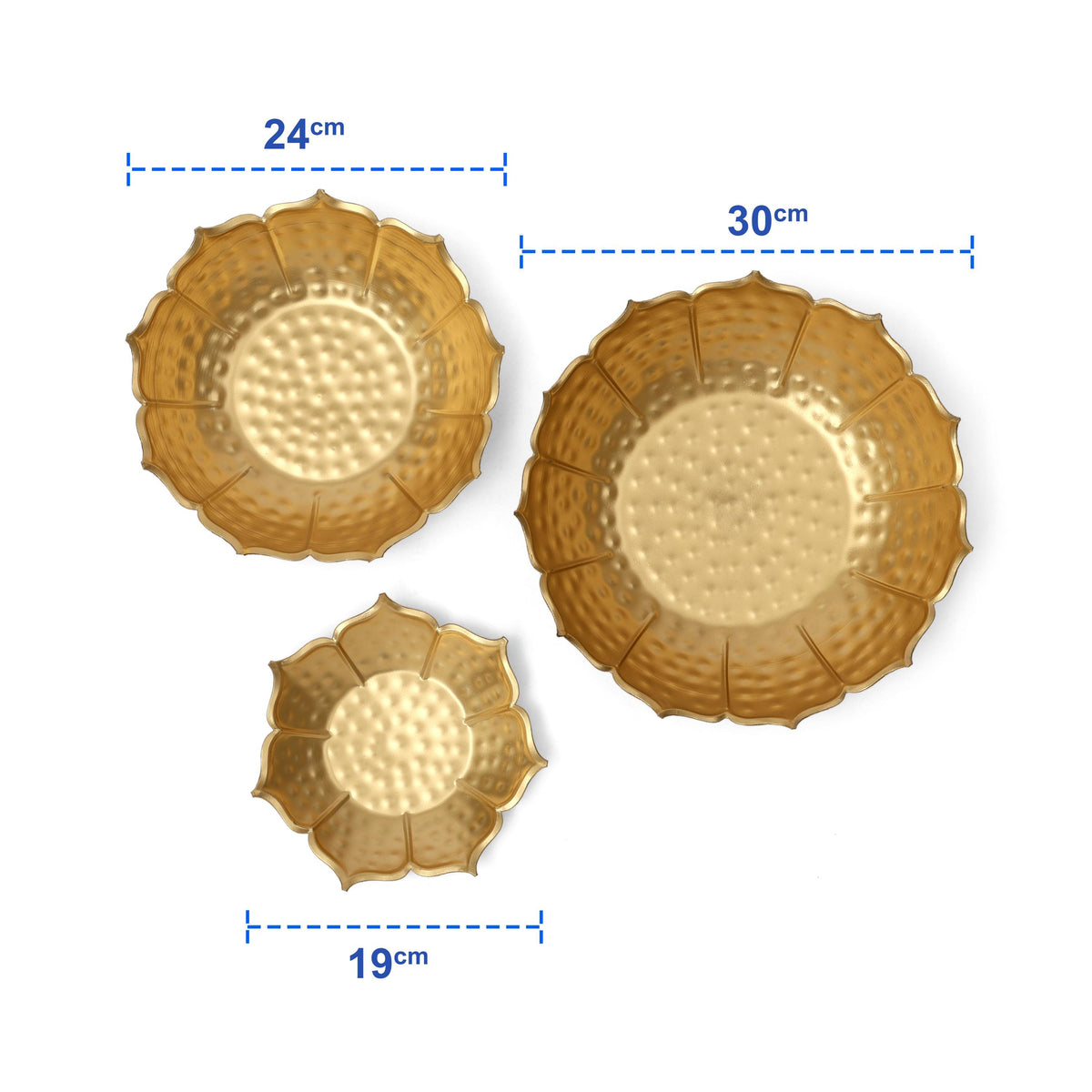 Golden Metal Urli Bowl Set, Lotus Design, Festive Decor (3 Sizes)