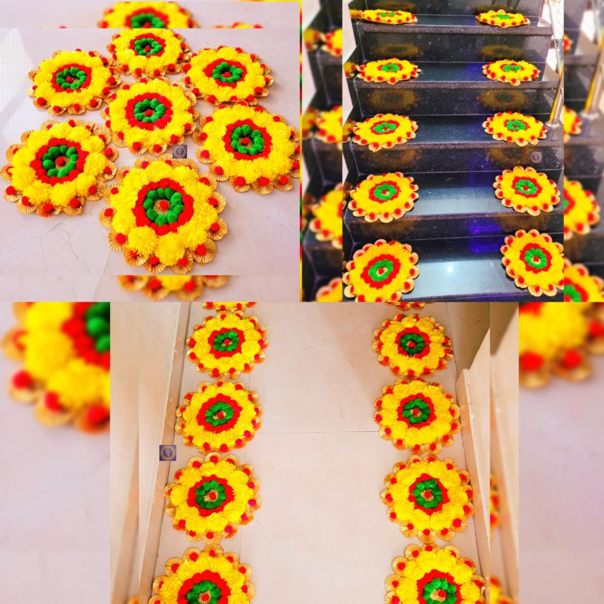 Handmade Marigold Rangoli Mat Set | Indian Puja Aasan, Temple Decor