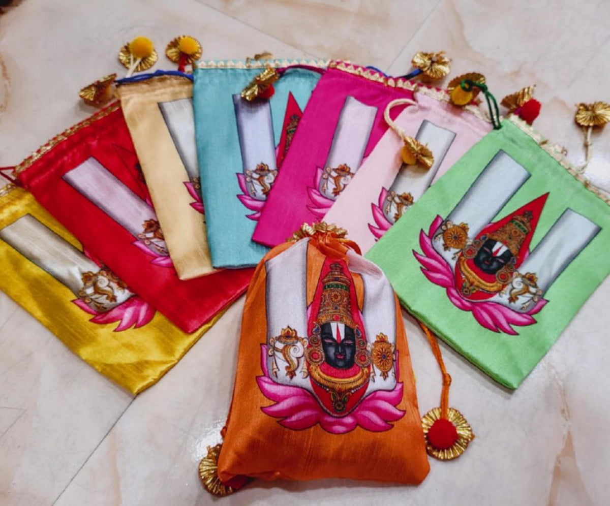 Indian Festive Potli Bags, Rangoli Print, Tassel Drawstring Pouches (7x9 inch)