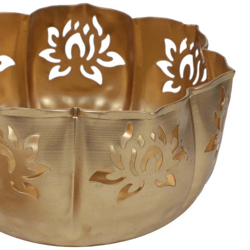 Iron Lotus Urli/Pot -Floating Flower/Candle Festive/Diwali/Wedding Decor Set of 13 Pieces: 14/12/10 with Stand,7 Votives/Bowl of 3.5 inch Festival/Wedding/Christmas Decoration, Golden