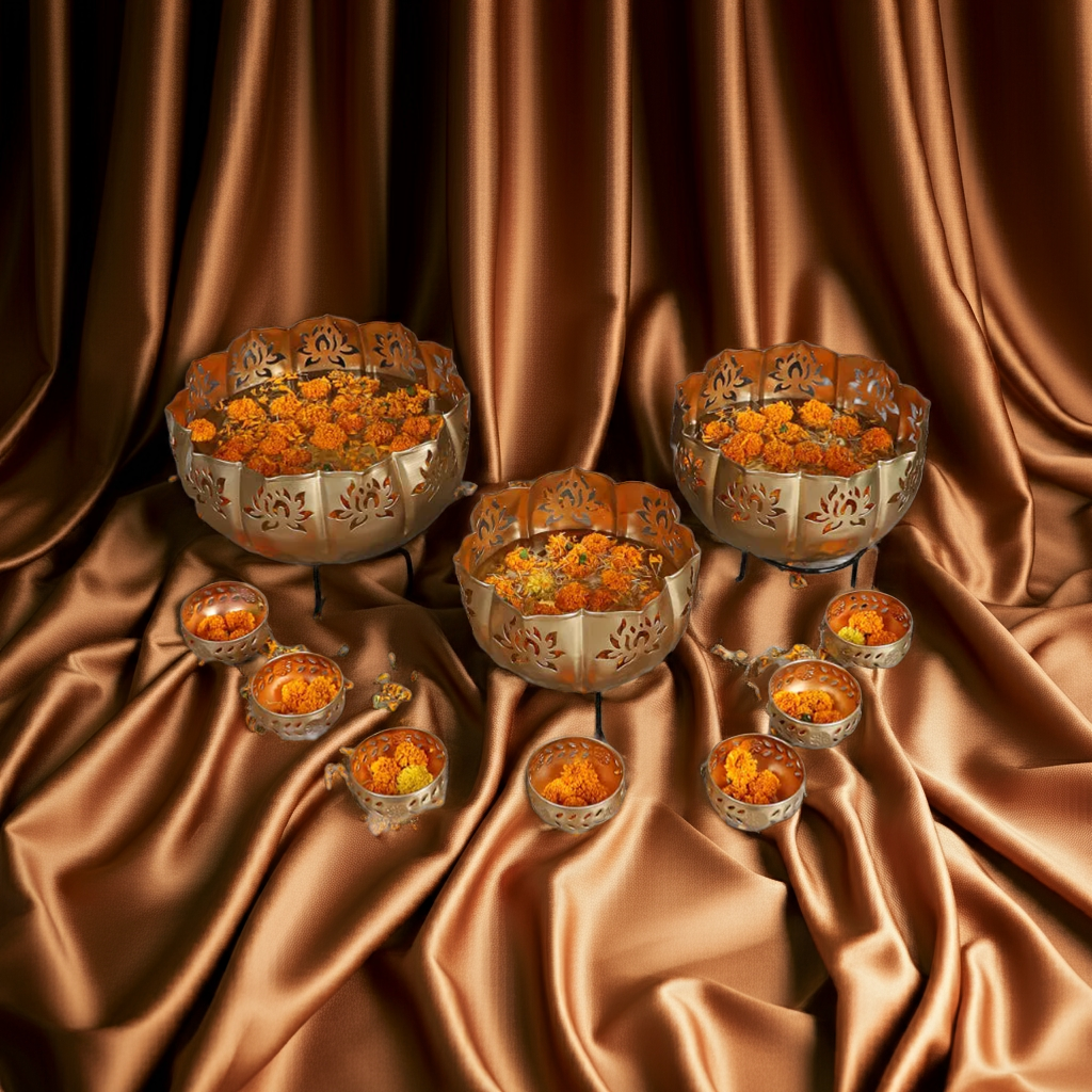 Iron Lotus Urli/Pot -Floating Flower/Candle Festive/Diwali/Wedding Decor Set of 13 Pieces: 14/12/10 with Stand,7 Votives/Bowl of 3.5 inch Festival/Wedding/Christmas Decoration, Golden