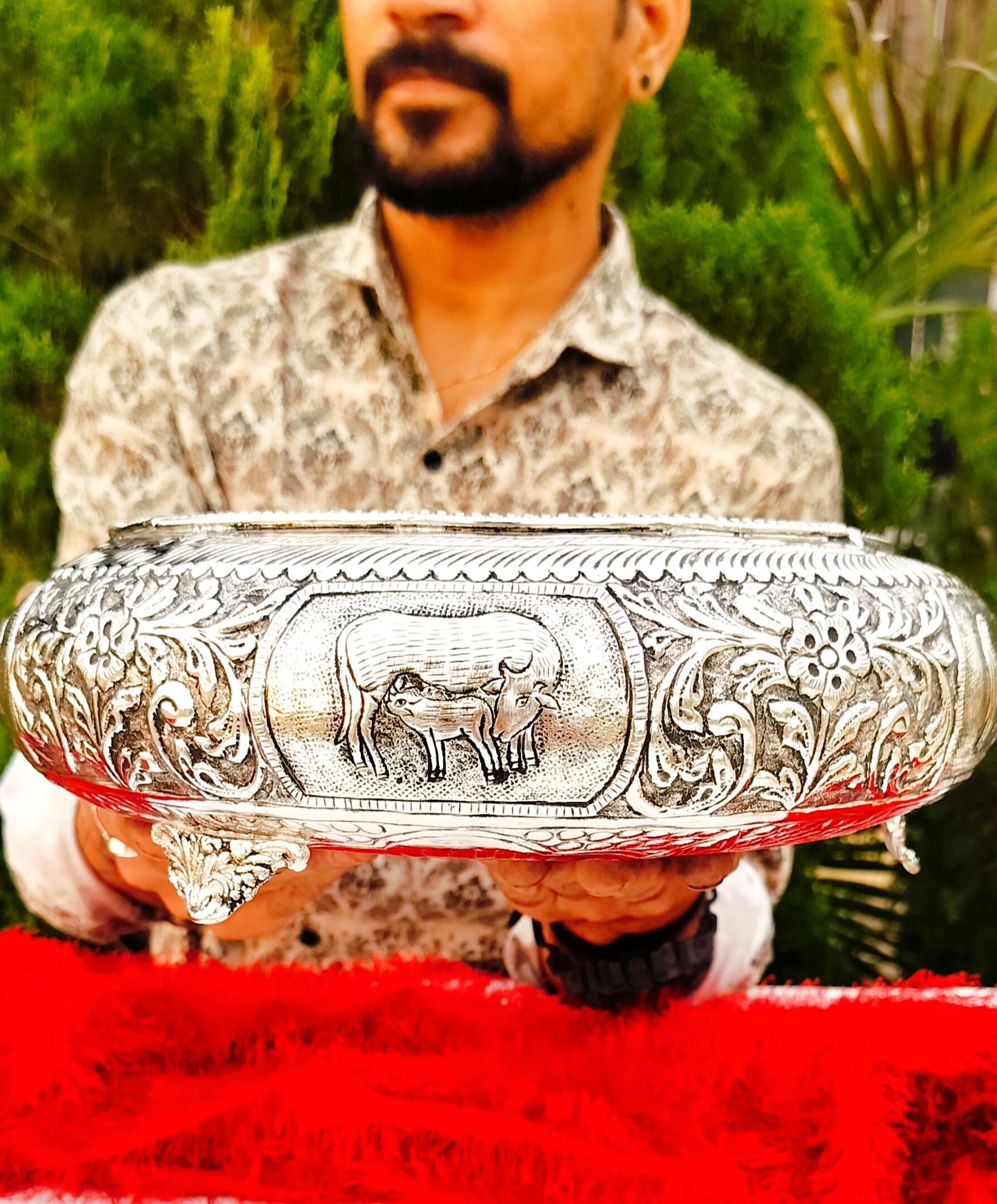 Antique German silver cow calf engravedUrli- 11 inch