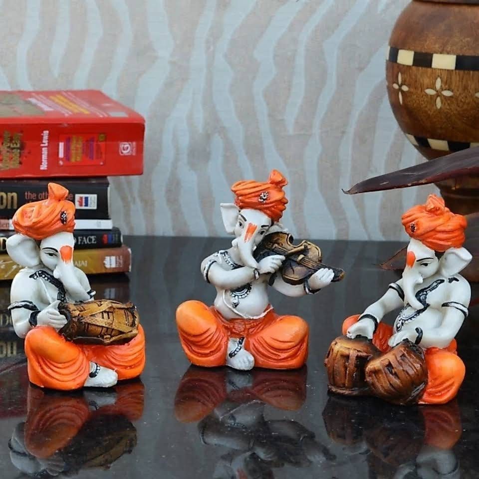 Christmas GIFT Ganesha playing musical instruments Polyresin Ganesha idol Home decor set of 4/Buddha Statue-12.7cm(Orange)House warming Gift