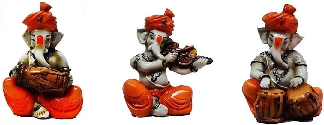 Christmas GIFT Ganesha playing musical instruments Polyresin Ganesha idol Home decor set of 4/Buddha Statue-12.7cm(Orange)House warming Gift