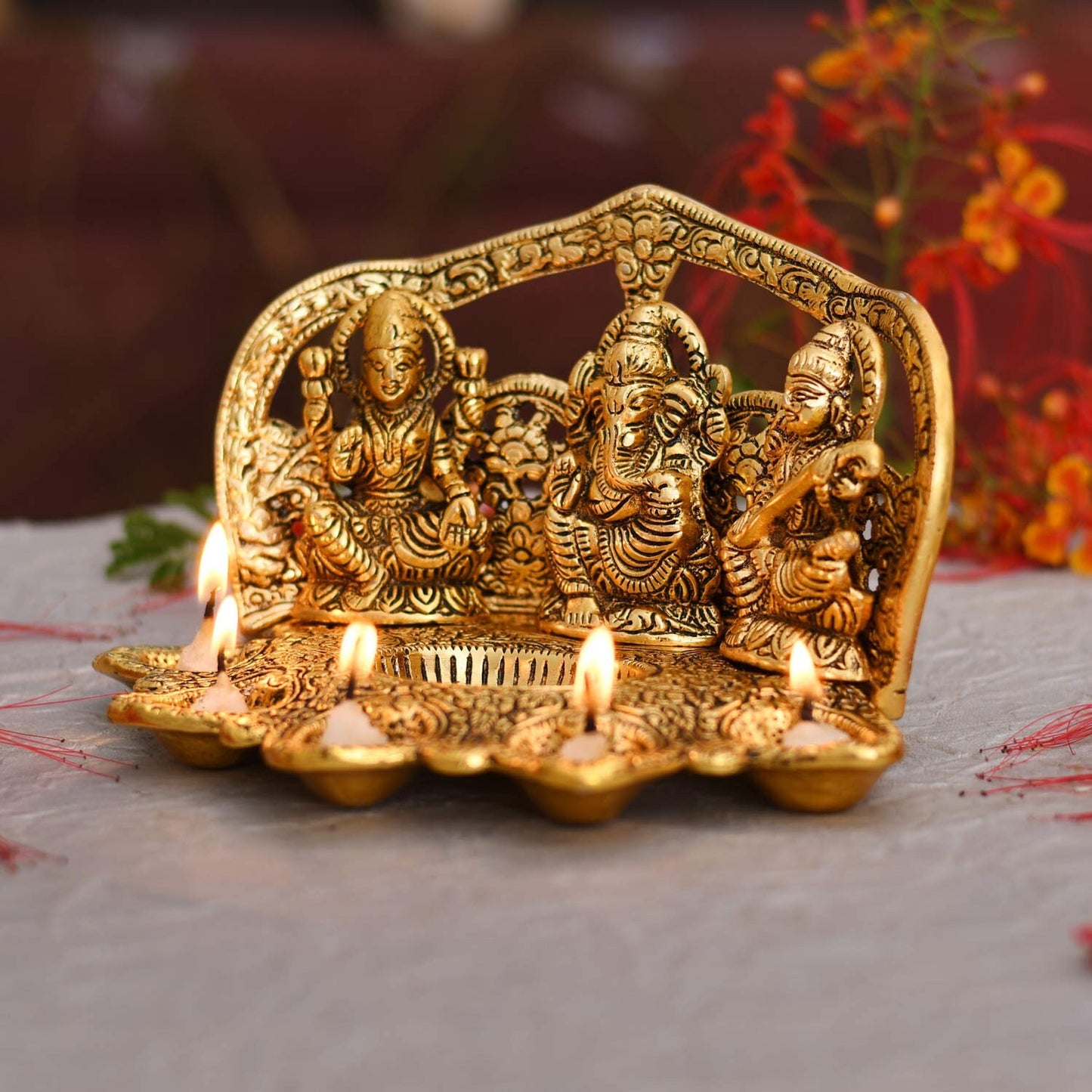 GIFT India Decorative Laxmi Ganesha Sitting Diya Statue - Puja Diya- Lakshmi Ganesh Saraswati Showpiece Oil Lamp Diya Decoration