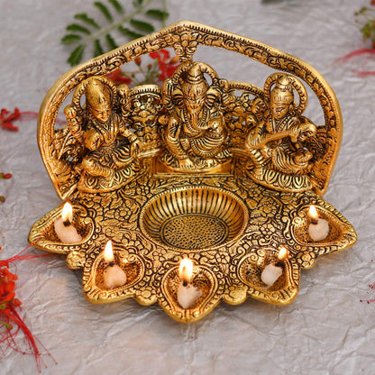 GIFT India Decorative Laxmi Ganesha Sitting Diya Statue - Puja Diya- Lakshmi Ganesh Saraswati Showpiece Oil Lamp Diya Decoration