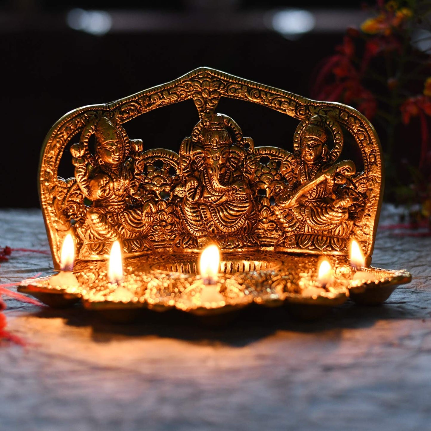 GIFT India Decorative Laxmi Ganesha Sitting Diya Statue - Puja Diya- Lakshmi Ganesh Saraswati Showpiece Oil Lamp Diya Decoration