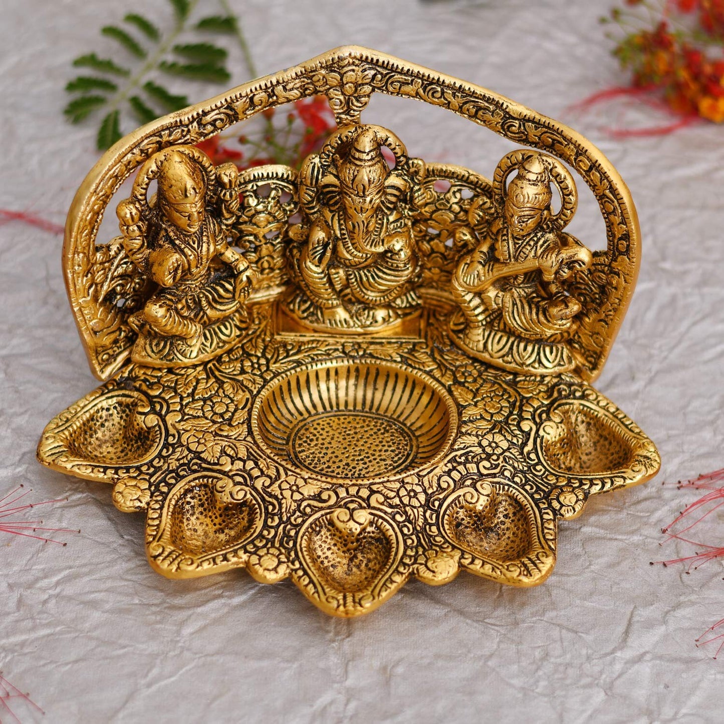 GIFT India Decorative Laxmi Ganesha Sitting Diya Statue - Puja Diya- Lakshmi Ganesh Saraswati Showpiece Oil Lamp Diya Decoration