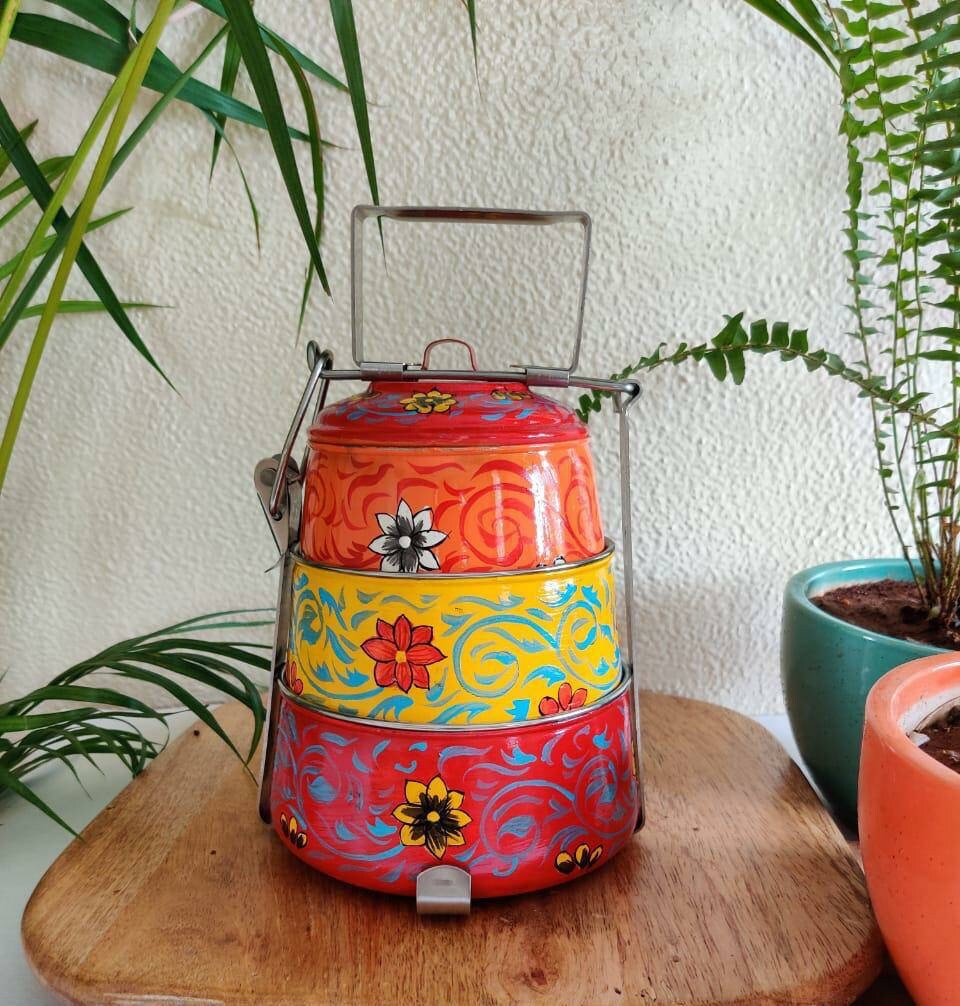Handmade designer lunch box Hand-Painted tiffin box 3 tier home decor housewarming gift Enamelware stainless steel tiffin