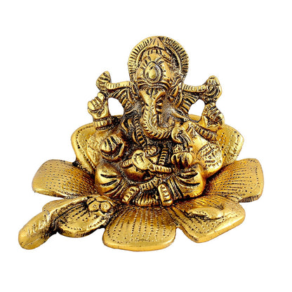 Lord Ganesha Ganesha on Flower in Metal Antique Gold Plated