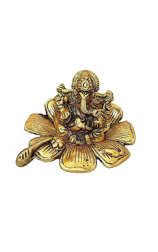 Lord Ganesha Ganesha on Flower in Metal Antique Gold Plated