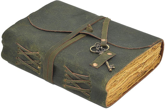Green soft RUSTIC Leather Diary with key Handmade DECKLE EDGE paper/journal/Notebook-Unlined Paper-travel diary- 8X6&quot;Planner/Art Sketch book