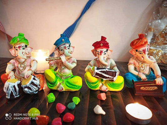 Christmas GIFT Ganesha playing musical instruments Polyresin Ganesha idol Home decor set of 4/Buddha Statue-12.7cm(Orange)House warming Gift
