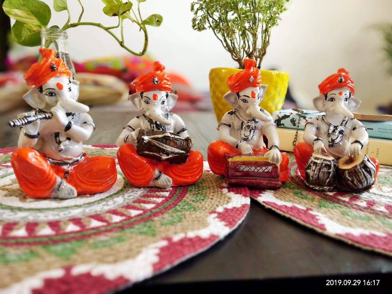 Christmas GIFT Ganesha playing musical instruments Polyresin Ganesha idol Home decor set of 4/Buddha Statue-12.7cm(Orange)House warming Gift