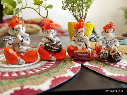 Christmas GIFT Ganesha playing musical instruments Polyresin Ganesha idol Home decor set of 4/Buddha Statue-12.7cm(Orange)House warming Gift