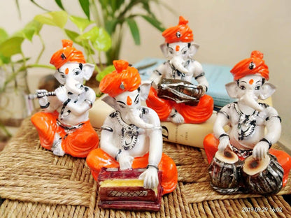 Christmas GIFT Ganesha playing musical instruments Polyresin Ganesha idol Home decor set of 4/Buddha Statue-12.7cm(Orange)House warming Gift