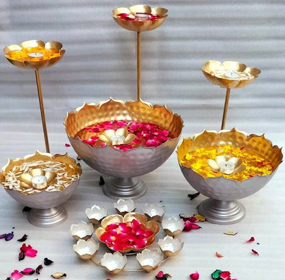 Iron Taj urli set with bowl/Urli Bowl |Candle Holder| Votive| RANGOLI| Lotus urli Bowl| Event/wedding/Diwali/Christmas decoration -10 pc set