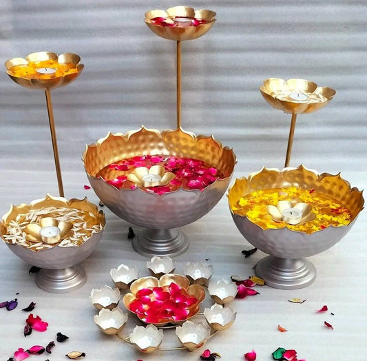 Iron Taj urli set with bowl/Urli Bowl |Candle Holder| Votive| RANGOLI| Lotus urli Bowl| Event/wedding/Diwali/Christmas decoration -10 pc set