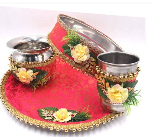 Karwa chauth thali set thali, Tumbler, bowl, Stainer, plate for Pooja/wedding/haldi / mehendi ceremony