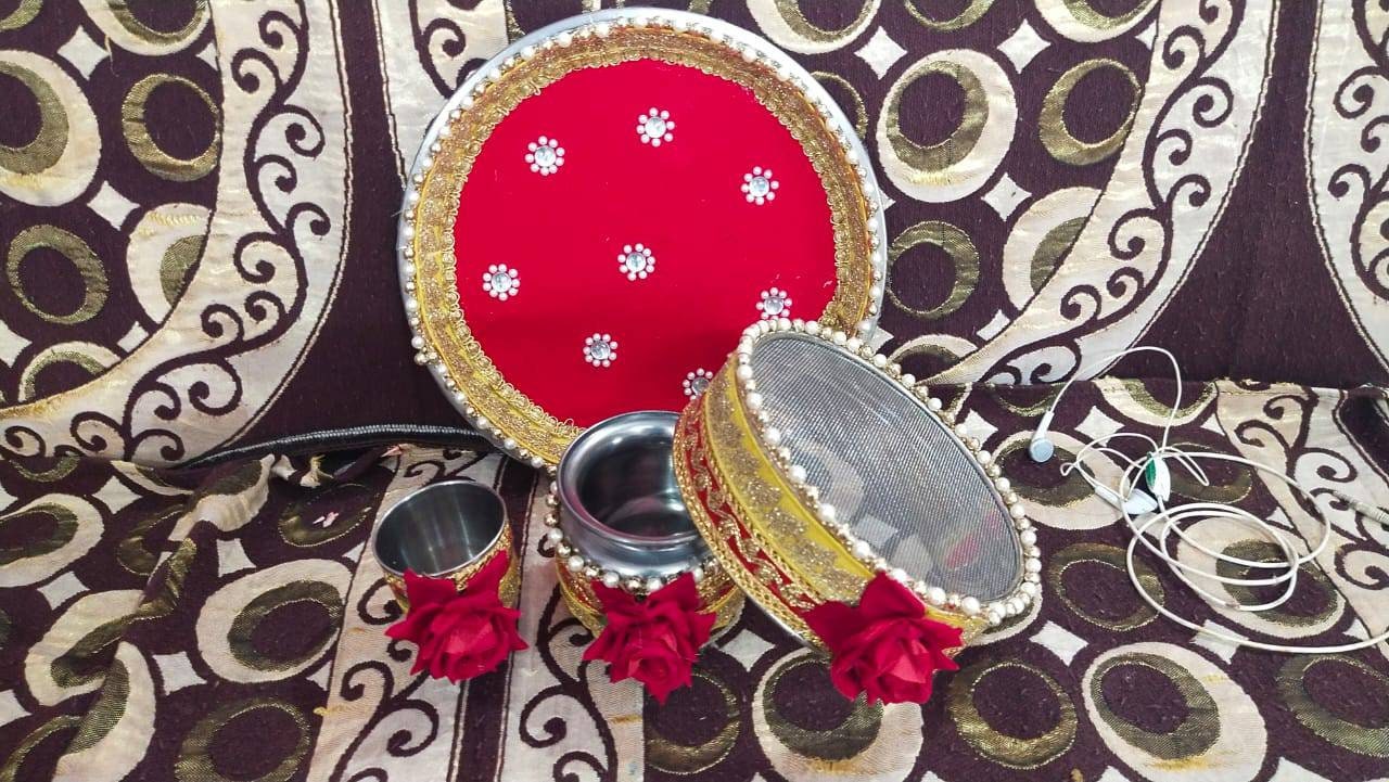 Karwa chauth thali set thali, Tumbler, bowl, Stainer, plate for Pooja/wedding/haldi / mehendi ceremony