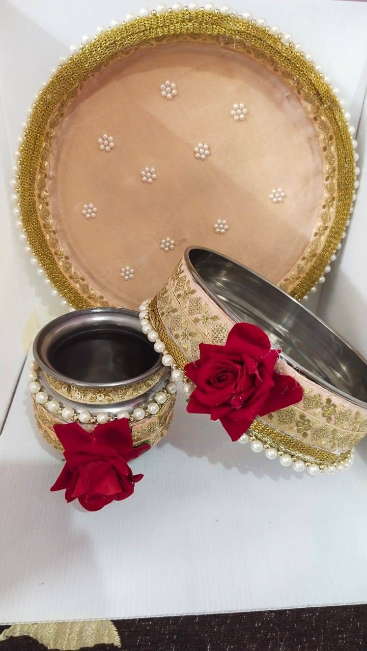 Karwa chauth thali set thali, Tumbler, bowl, Stainer, plate for Pooja/wedding/haldi / mehendi ceremony