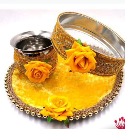 Karwa chauth thali set thali, Tumbler, bowl, Stainer, plate for Pooja/wedding/haldi / mehendi ceremony